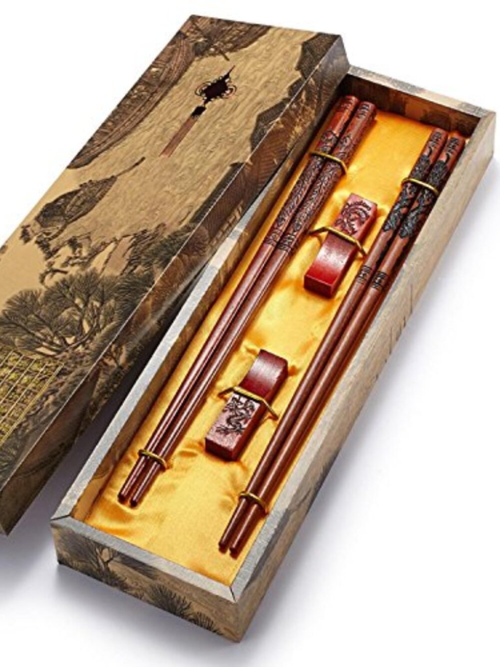 New - Chopstick Reusable Chinese Dragon and Phoenix Chopsticks with Holder